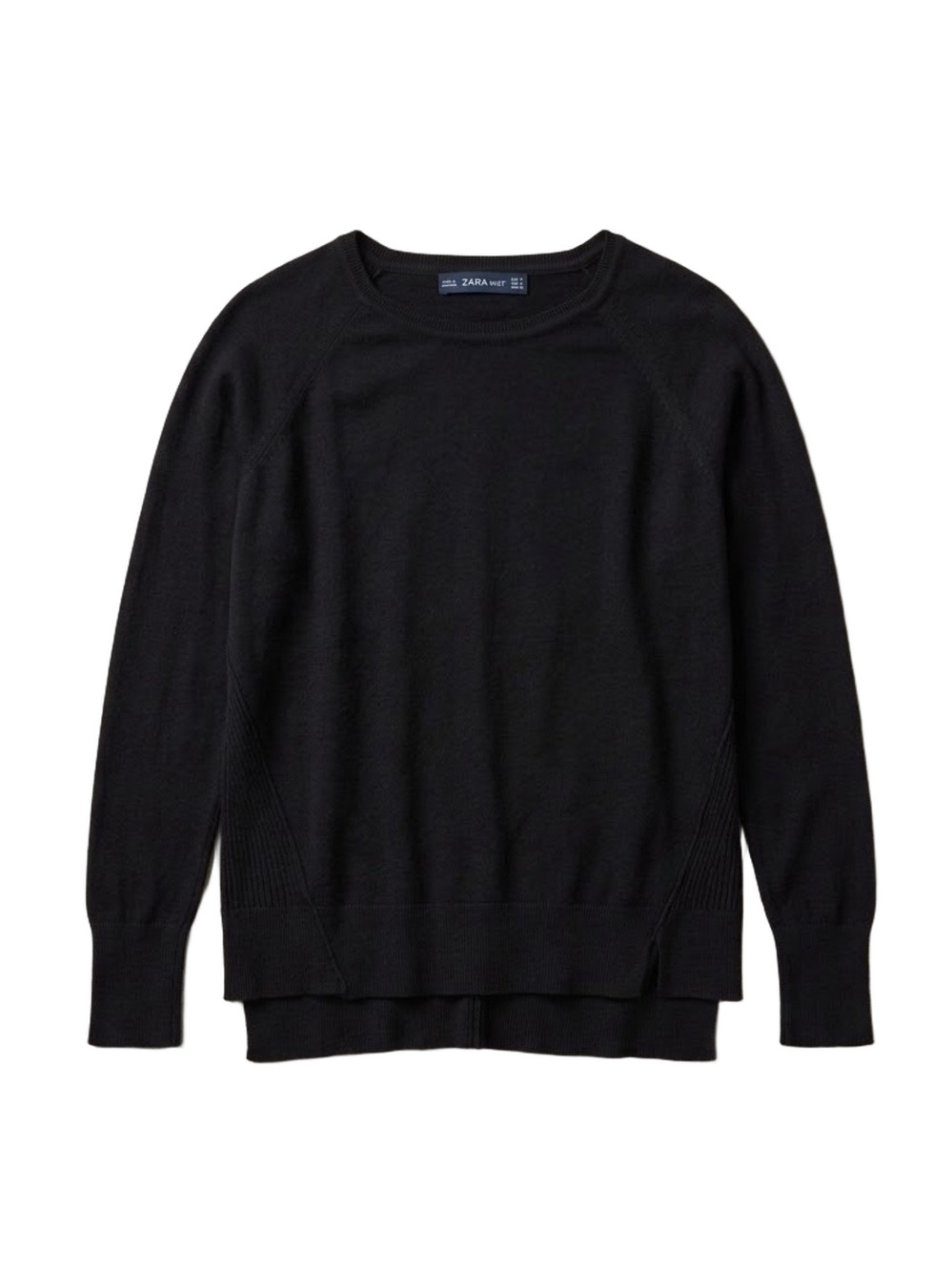 Zara Lightweight Knit Sweater Black Crew Neck Long Sleeve Relaxed Fit Small